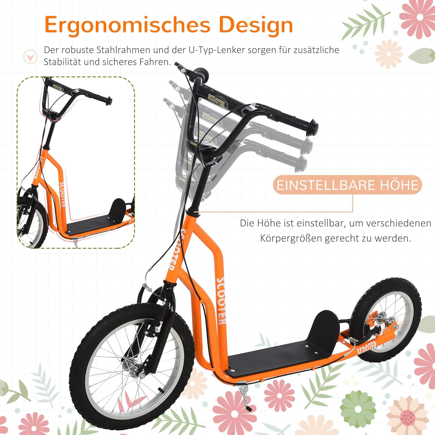 Homcom Children's Scooter City Scooter Kick Board with Pneumatic Tyres 16/12 Inch Blue/Orange 139 x 58 x 88-94 cm – Bild 5