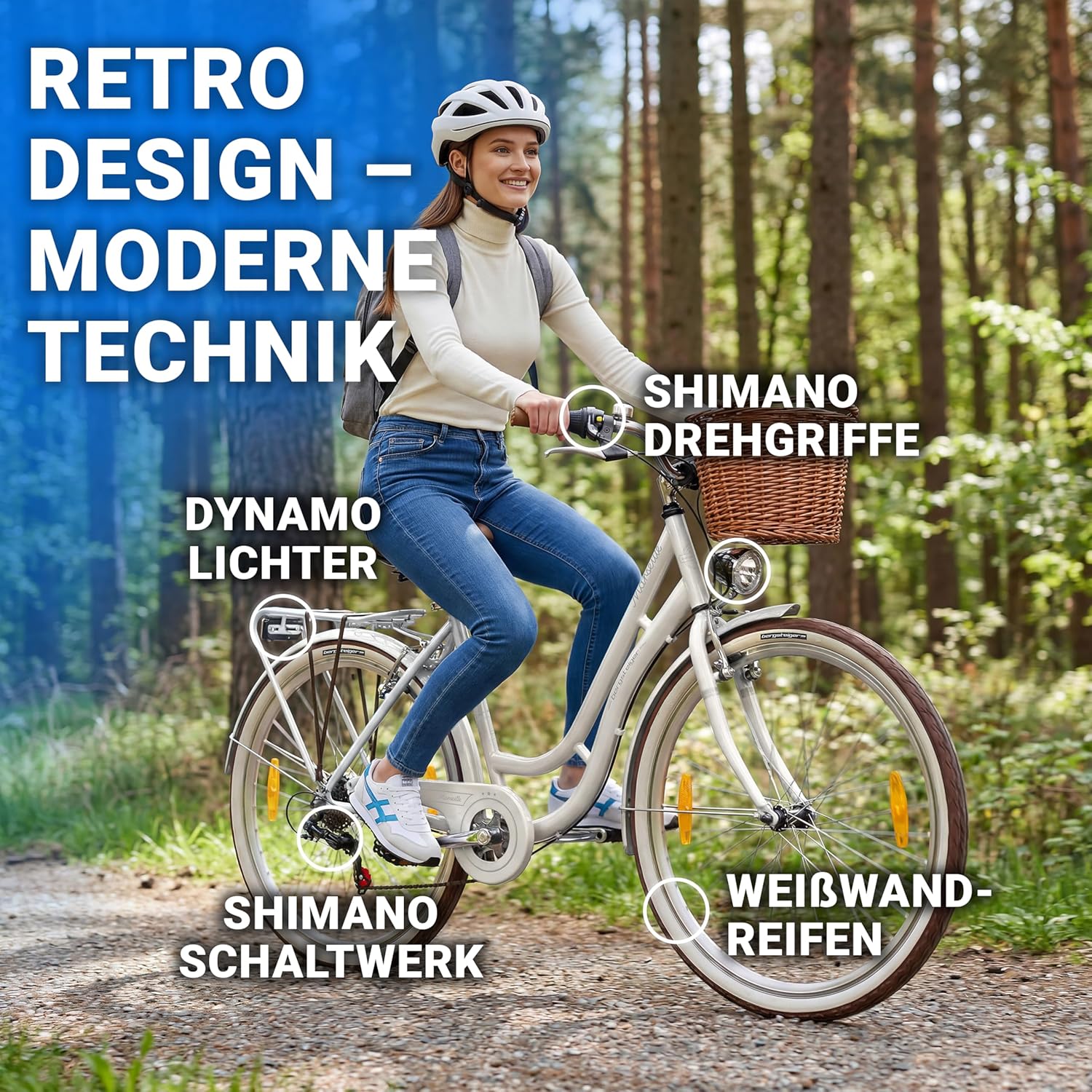 Bergsteiger Marseille 26, 28 Inch Women's Bike, from 150 cm, Rattan Basket, Bicycle Light, Women's City Bike, Women's Bike in Retro Design, 6 Speed Tourney Gears, Derailleur Gear – Bild 6