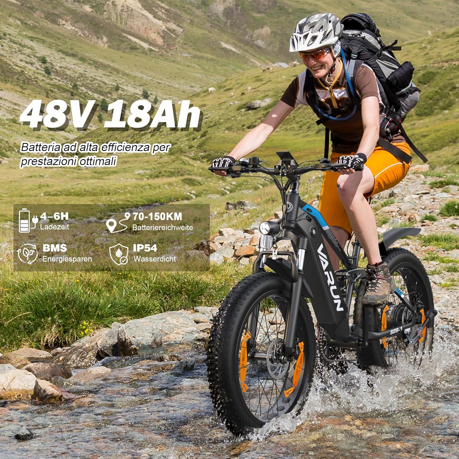 VARUN E Bike, 26 x 4.0 Zoll Ebike Herren mit 85Nm 250W Motor, 48V 18AH Akku, bis 150km Reichweite, Vollfederung, 5 PAS LCD-Display, 25km/h, 7 Gang, Offroad E-Bike für alle Geländearten – Bild 3
