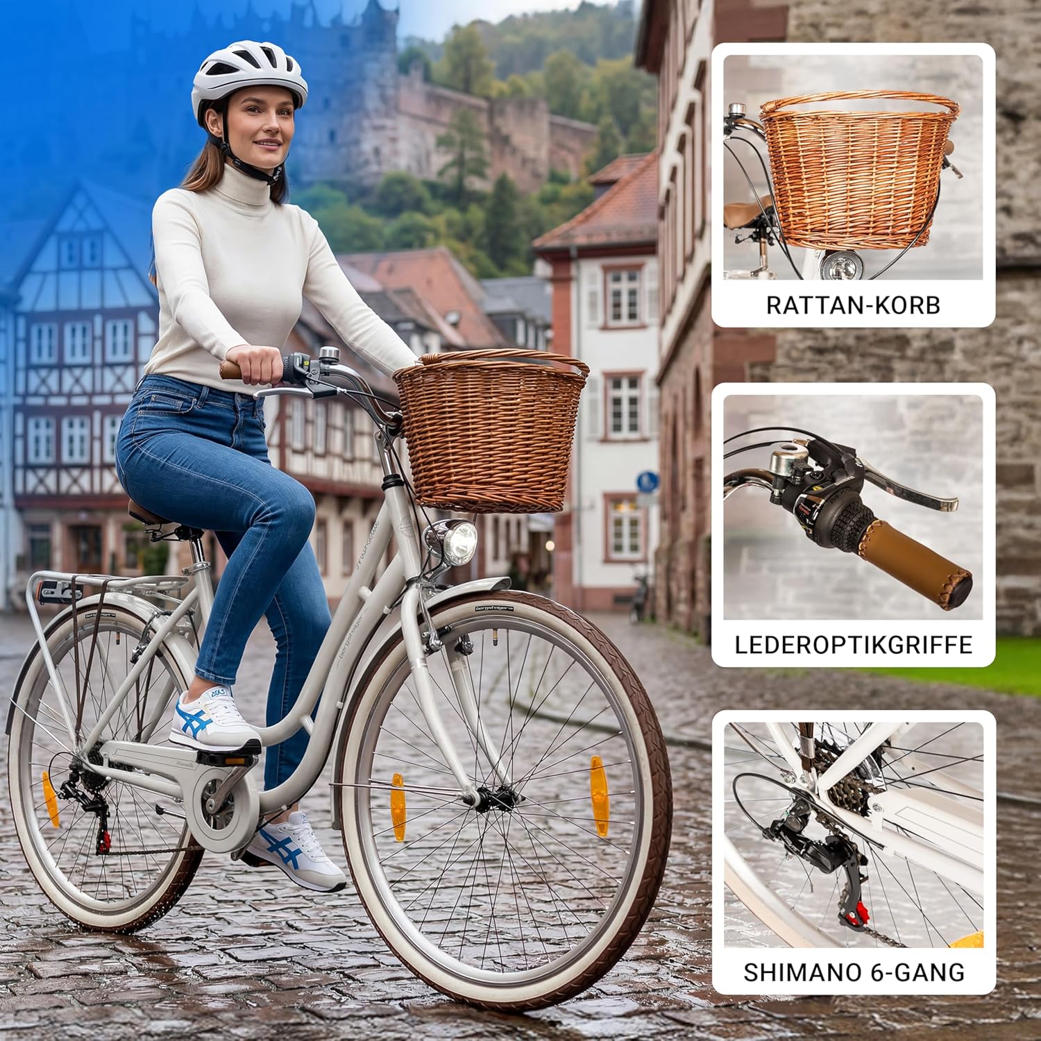 Bergsteiger Marseille 26, 28 Inch Women's Bike, from 150 cm, Rattan Basket, Bicycle Light, Women's City Bike, Women's Bike in Retro Design, 6 Speed Tourney Gears, Derailleur Gear – Bild 3
