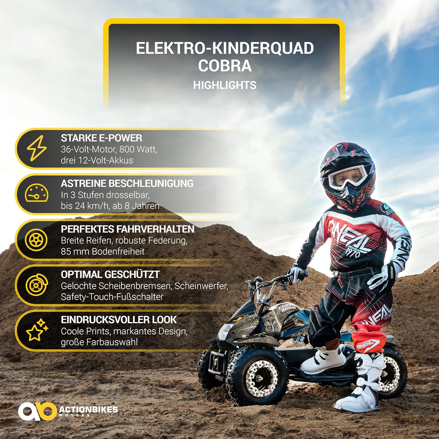 Actionbikes Motors Children's Quad Electric ATV Cobra, 7 Volt 100 Watt Motor up to 25 mph, Children's Quad, Pocket Quad, Safety Touch Foot Switch, Mini Quad for Children from 8 Years (Red/Black) – Bild 2