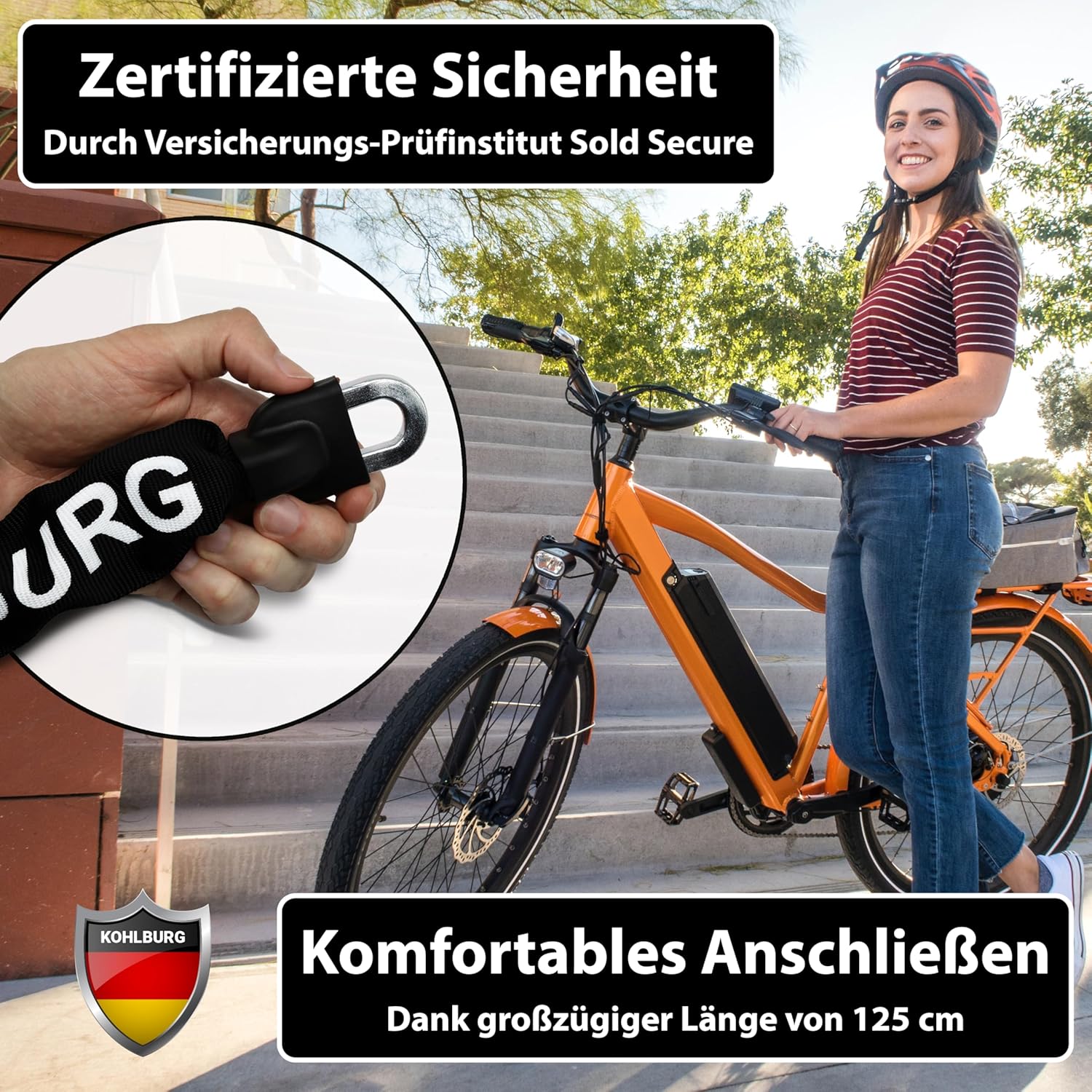KOHLBURG Security Chain Lock 125 cm Long with 8.3 mm Thick 4-Edge Chain Made of Hardened Special Steel - Secure Bicycle Lock with 4 Keys for E-Bike Bicycle and Motorcycle – Bild 2