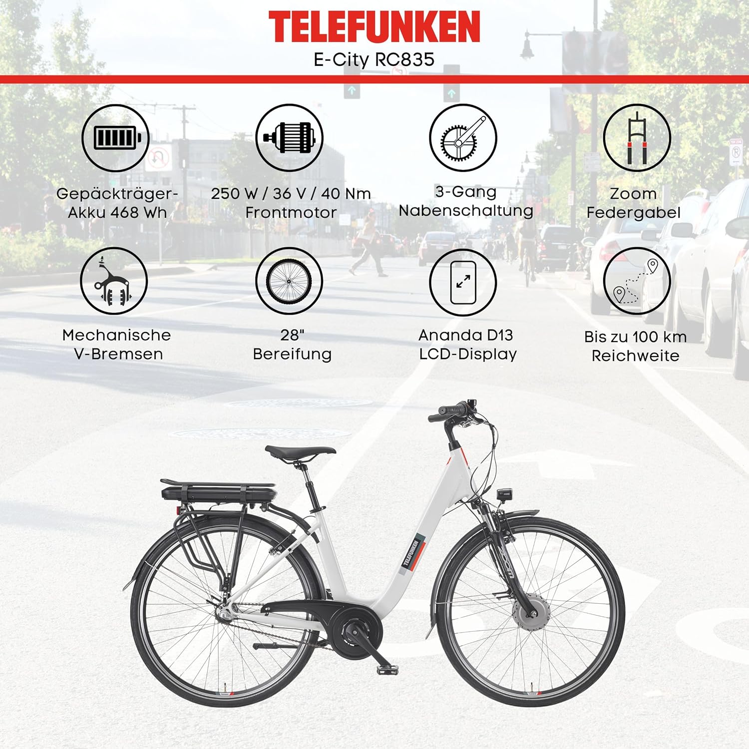 TELEFUNKEN E-Bike 28 Zoll Fahrrad für Damen & Herren | Pedelec Citybike mit 3-Gang Nabenschaltung | Rücktritt | Elektrofahrrad 250 W Frontmotor | 468 Wh Li-Ion Akku | EBike Multitalent RC835 – Bild 5
