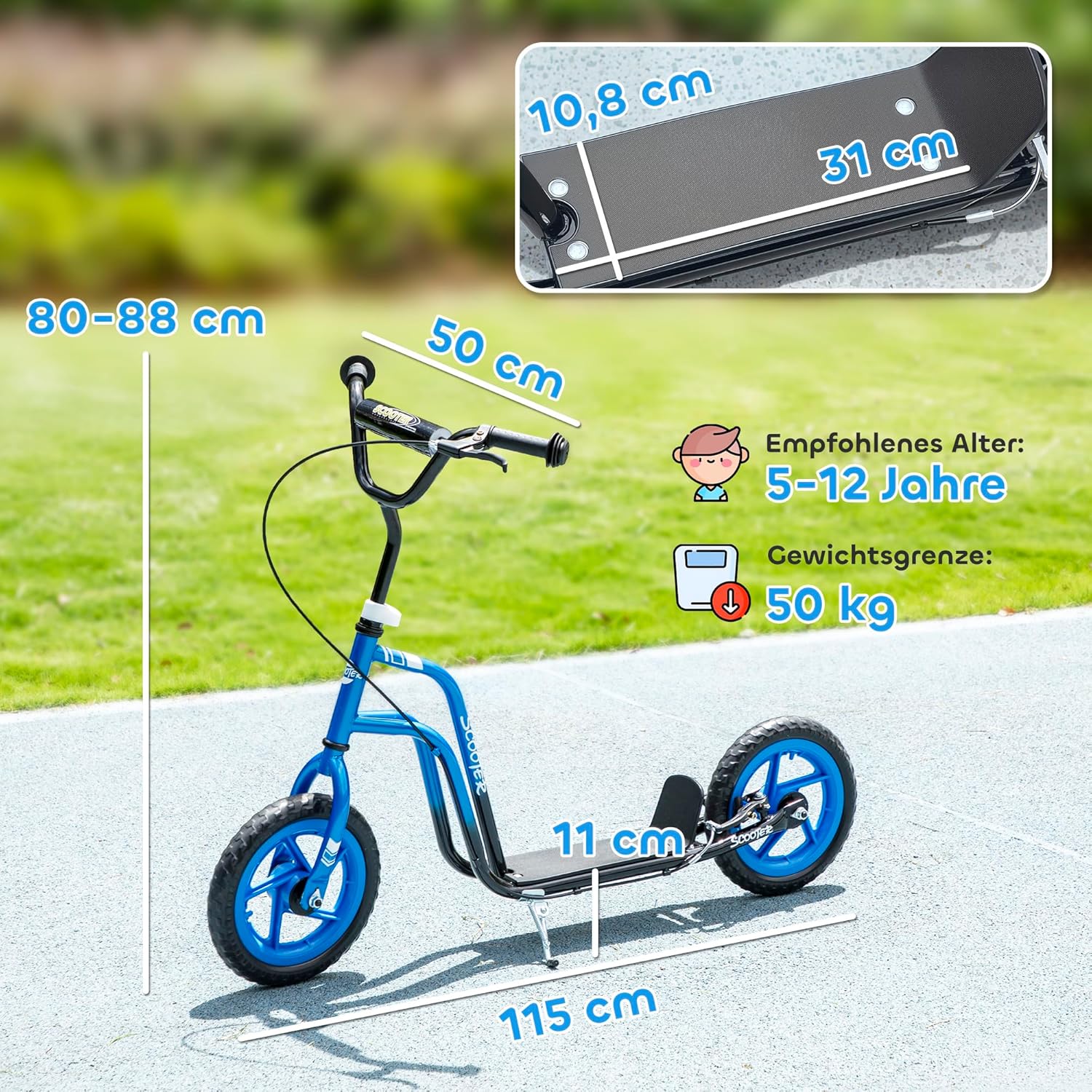 AIYAPLAY Children's Scooter Kick Scooter with Adjustable Handlebar, Large Wheels and Handbrake 12 Inch City Scooter for 5-12 Years Boys and Girls – Bild 7
