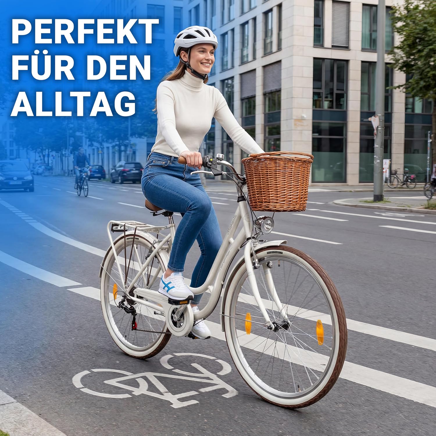 Bergsteiger Marseille 26, 28 Inch Women's Bike, from 150 cm, Rattan Basket, Bicycle Light, Women's City Bike, Women's Bike in Retro Design, 6 Speed Tourney Gears, Derailleur Gear – Bild 4