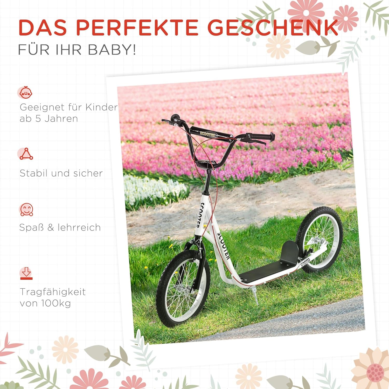 HOMCOM Children's Scooter, City Scooter, Kickboard, Pneumatic Tyres, 16 Inches, Blue/Green/White/Black, 139 x 58 x 90-96 cm – Bild 4