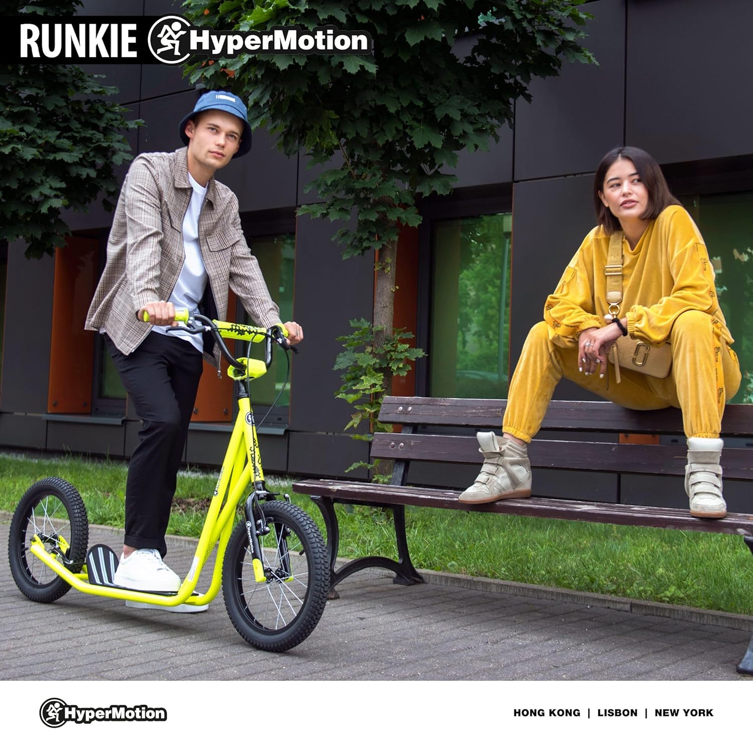 HyperMotion Runkie City Scooter 16 Inch Pneumatic Tyres, Height-Adjustable Handlebar, Double Brake System, Large Scooter for Children from 8 Years, Teenagers and Adults, Yellow – Bild 2