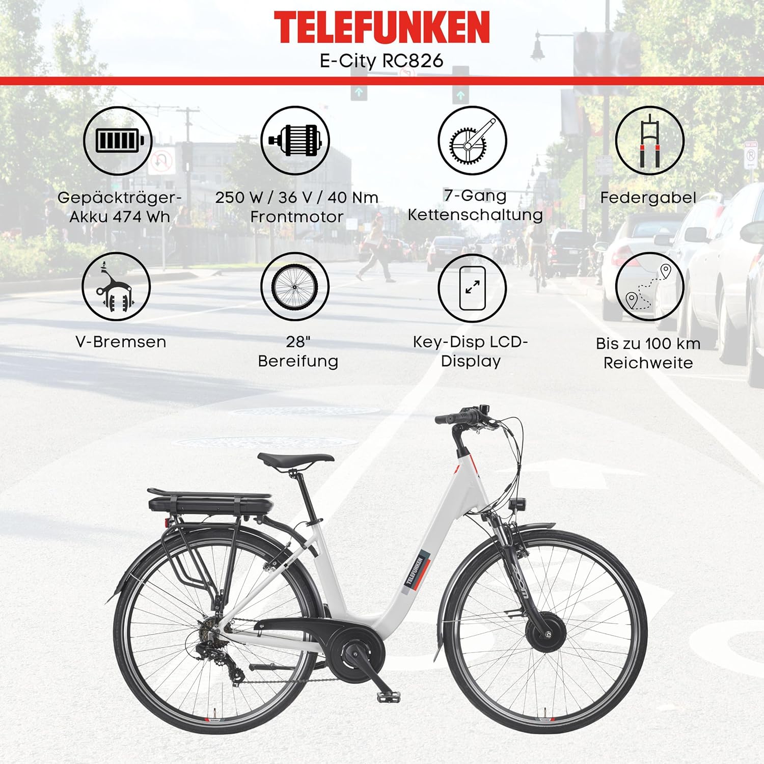 TELEFUNKEN E-Bike Women's 28 Inch Electric Bicycle Front Motor 7-Speed Shimano Derailleur Gears V-Brakes Pedelec City Bike RC826 Multitalent Includes Armoured Cable Lock – Bild 5