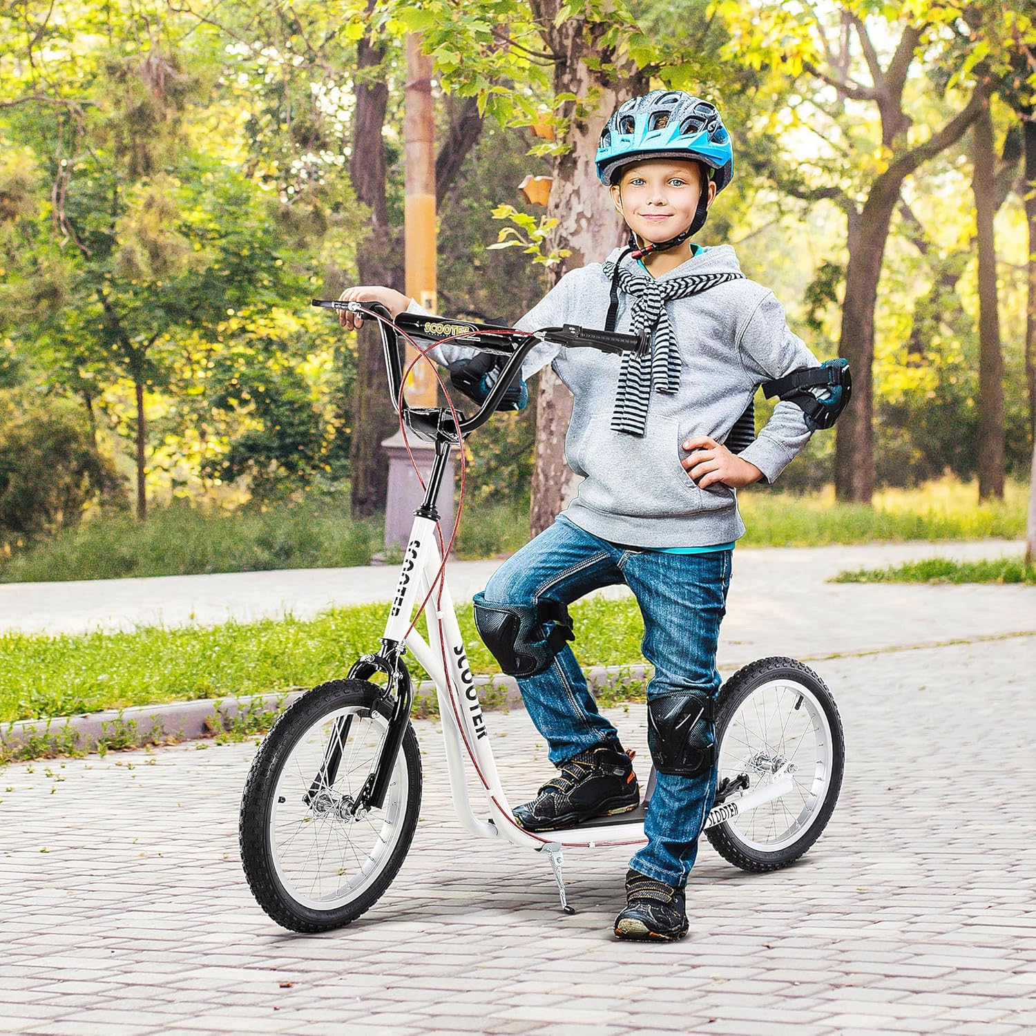 HOMCOM Children's Scooter, City Scooter, Kickboard, Pneumatic Tyres, 16 Inches, Blue/Green/White/Black, 139 x 58 x 90-96 cm – Bild 2