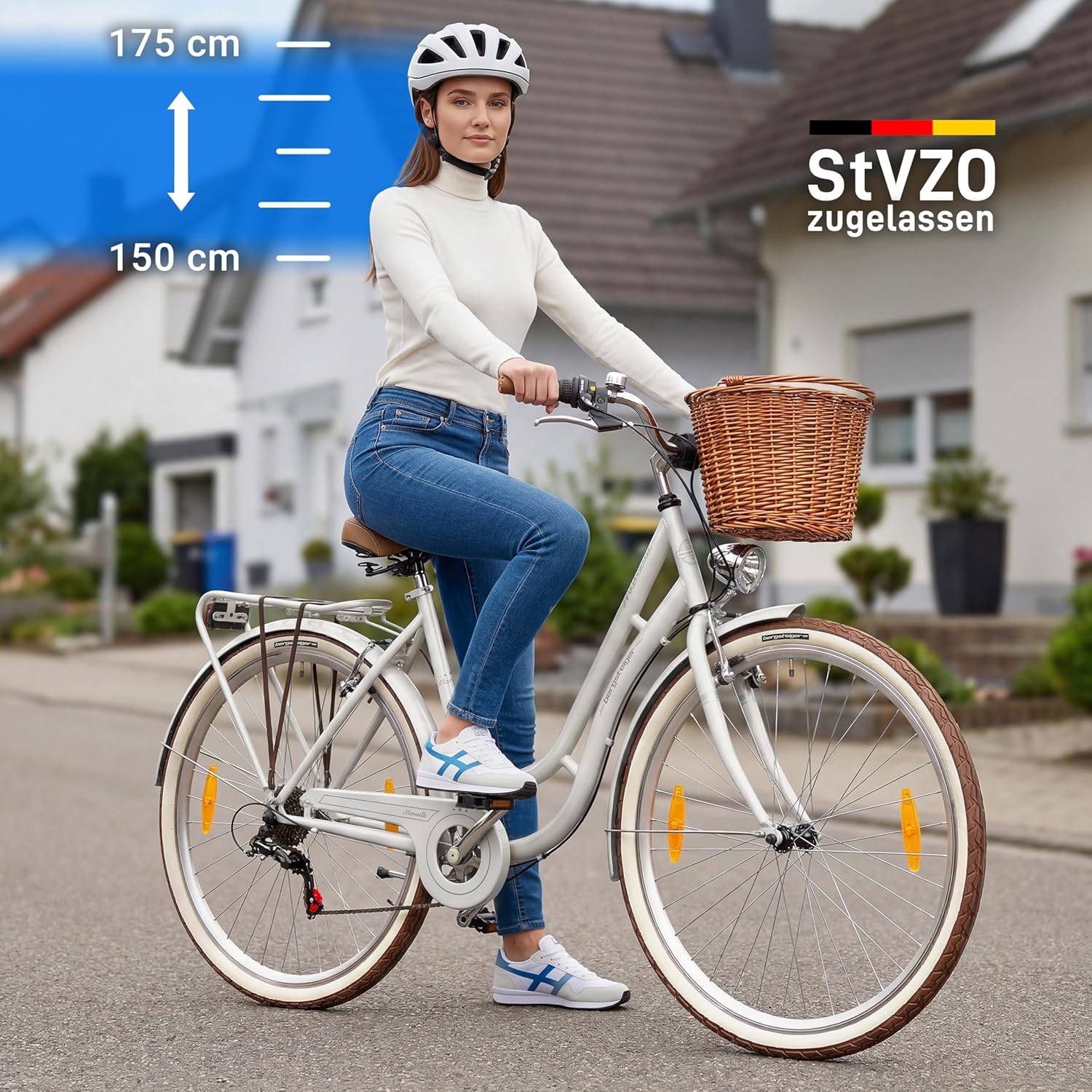 Bergsteiger Marseille 26, 28 Inch Women's Bike, from 150 cm, Rattan Basket, Bicycle Light, Women's City Bike, Women's Bike in Retro Design, 6 Speed Tourney Gears, Derailleur Gear – Bild 2