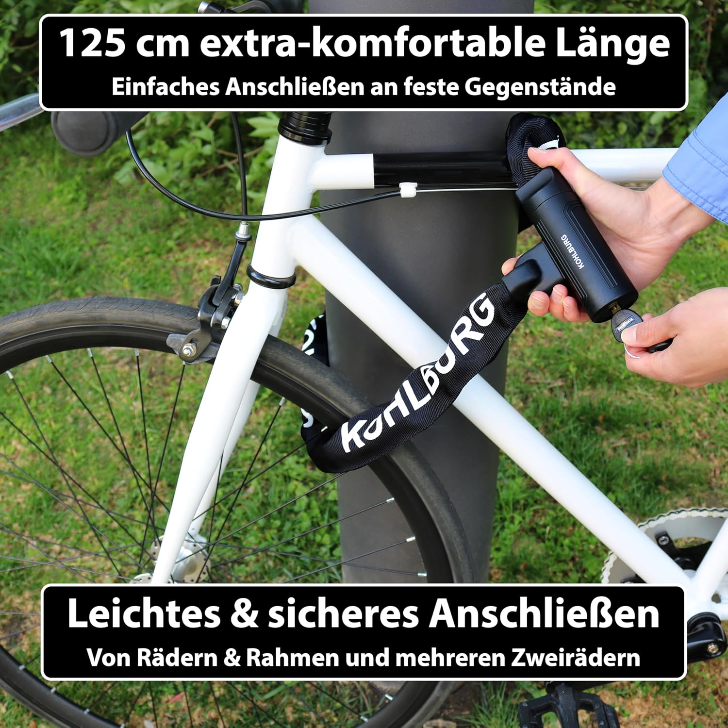 KOHLBURG Security Chain Lock 125 cm Long with 8.3 mm Thick 4-Edge Chain Made of Hardened Special Steel - Secure Bicycle Lock with 4 Keys for E-Bike Bicycle and Motorcycle – Bild 4