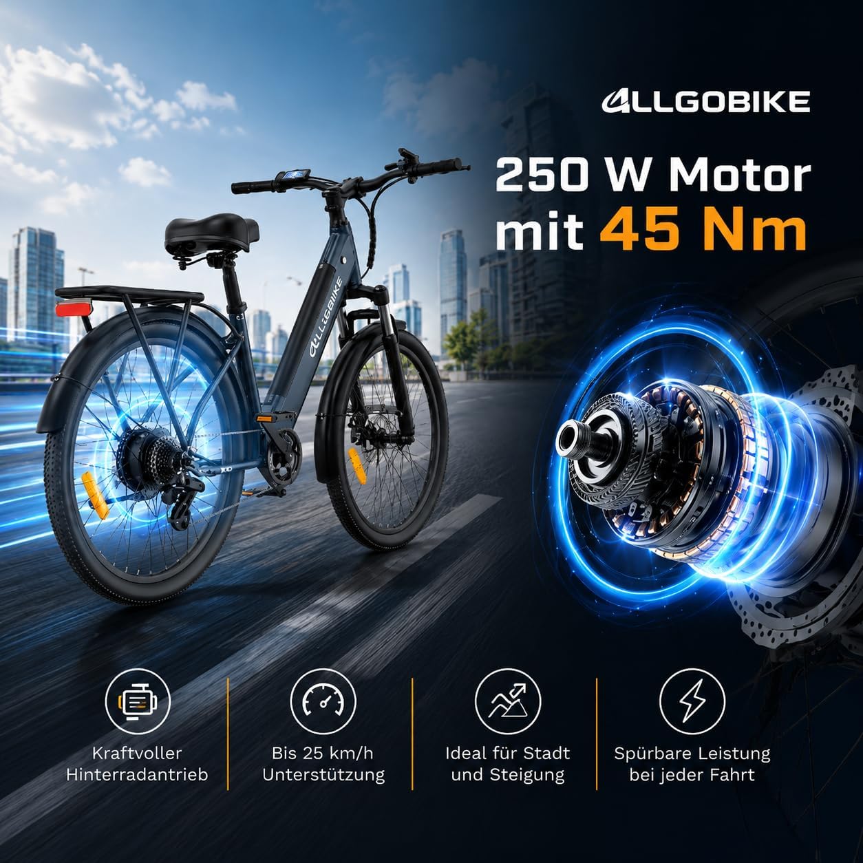 AM27 Electric Bicycle 27.5 Inch E-Bike for Men and Women 250 W Motor 36 V 15 Ah Battery 25 km/h 7 Speed Gears 3 Support Levels Disc Brakes LED Lighting – Bild 3