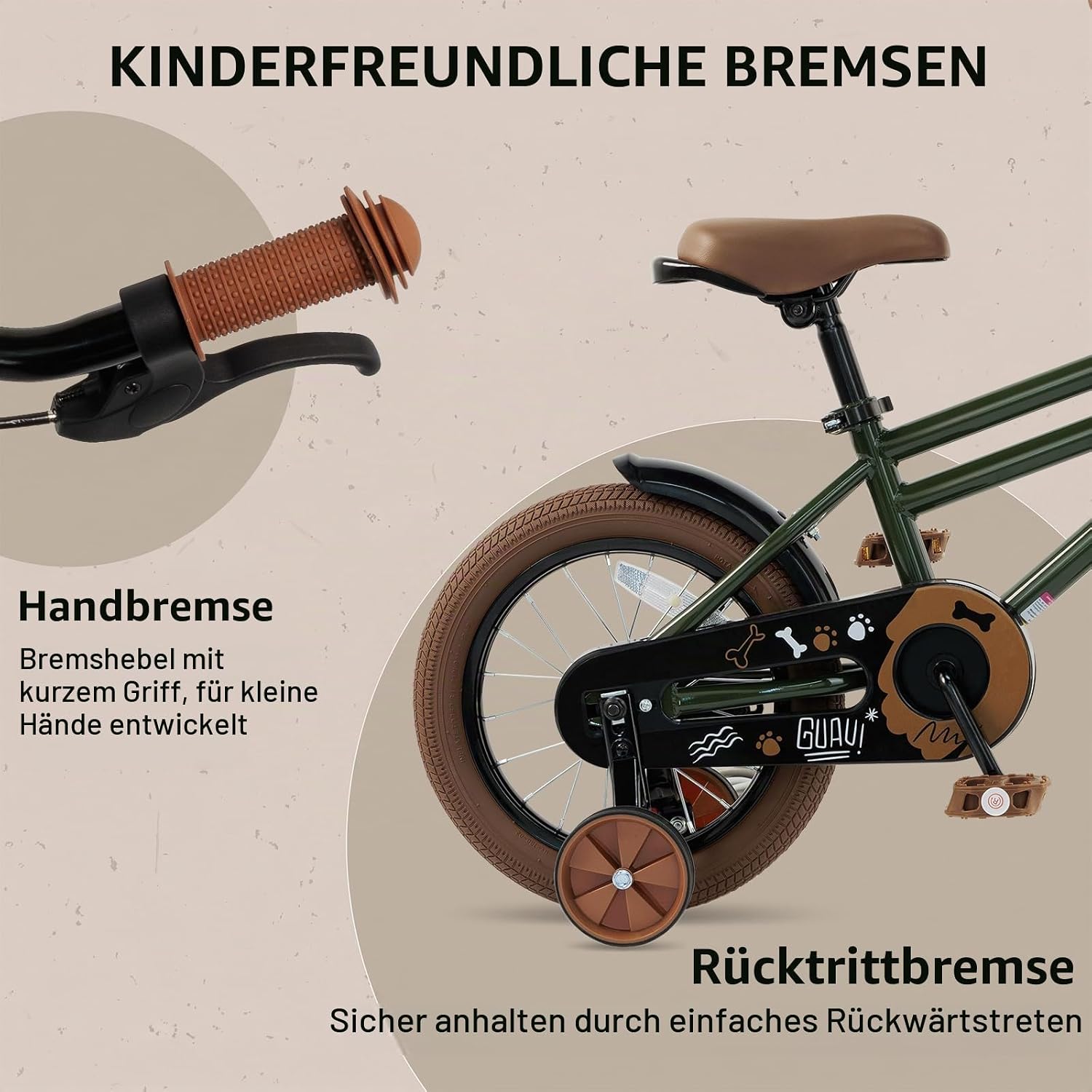 RULLY 12-16 inch Boys Bicycle for Children from 2-6 Years - Bicycle with Stabilisers, Coaster Brake & Handbrake, Front Basket - Blue, Black, Green – Bild 4