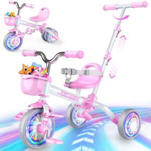 HappyGoLucky 5-in-1 Tricycle with Push Bar, Balance Bike from 1-5 Years, Luminous Wheels/Adjustable Pedals & Seats, Toy Gift from 1-5 Years, Girls, Easter Children’s Toy, Outdoor Games Toy