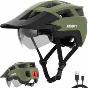 Favoto MTB Bicycle Helmet with Light, Visor, Helmet Men & Women, L