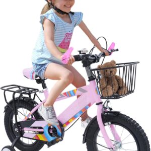 14 Inch Children’s Bike, Boys and Girls Bicycle Children with Stabilisers and Basket, Bell, Height Adjustment, Children’s Bike, Training Bike for 3-6 Years Boys and Girls