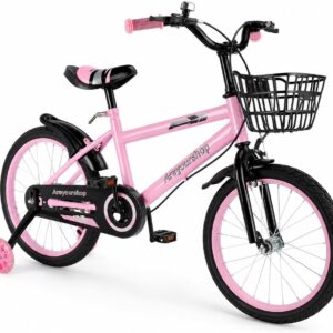 18 Inch Children’s Bike, Adjustable Seat & Handlebar, Carbon Steel Frame, Double Brakes, Shockproof Spoke Wheels, Magnetic Flash Wheel, Removable Stabilisers