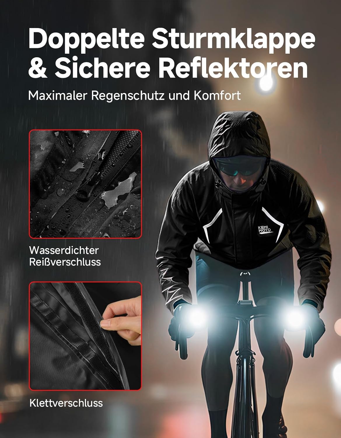 KEMIMOTO Fahrrad Regenjacke Herren, 10.000mm Wasserdicht & 8.000g Atmungsaktiv, Radjacke mit Patentierter 180° Rotations-Kapuze, Doppelter Windleiste, Packbare Regenbekleidung für MTB Rennrad Pendeln – Bild 5