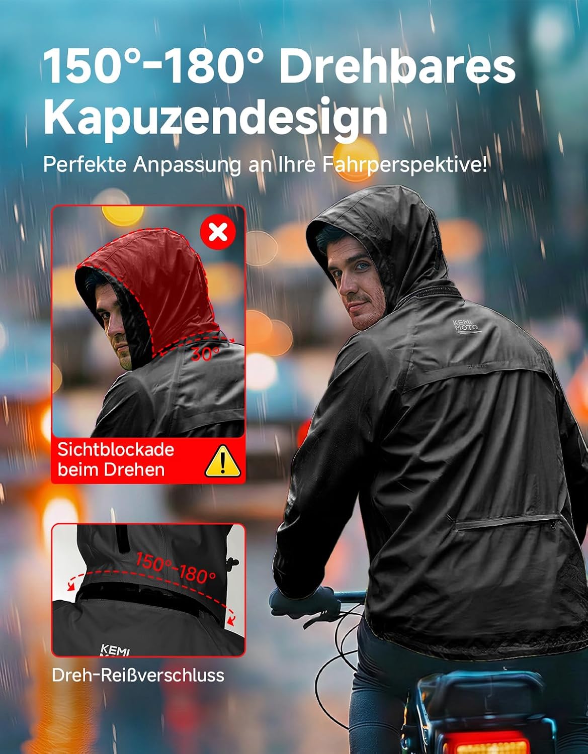 KEMIMOTO Fahrrad Regenjacke Herren, 10.000mm Wasserdicht & 8.000g Atmungsaktiv, Radjacke mit Patentierter 180° Rotations-Kapuze, Doppelter Windleiste, Packbare Regenbekleidung für MTB Rennrad Pendeln – Bild 3