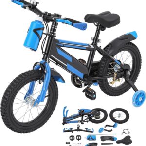 14 Inch Children’s Bike, Height Adjustable Children’s Bike with Stabilisers, Freestanding Upgraded Children’s Bike, Blue Children’s Bicycles, Bicycle for Boys and Girls, for Ages 3-7 Years
