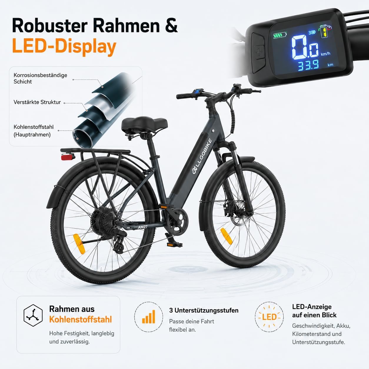 AM27 Electric Bicycle 27.5 Inch E-Bike for Men and Women 250 W Motor 36 V 15 Ah Battery 25 km/h 7 Speed Gears 3 Support Levels Disc Brakes LED Lighting – Bild 9