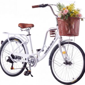 24/26 Inch Women's Bicycle with Basket, Women Girls 7-Speed City Bike, with Cup Holder and Lightweight Luggage Holder, Double Disc Brake City Bike, Vintage Bicycle with Reflectors (White, 26