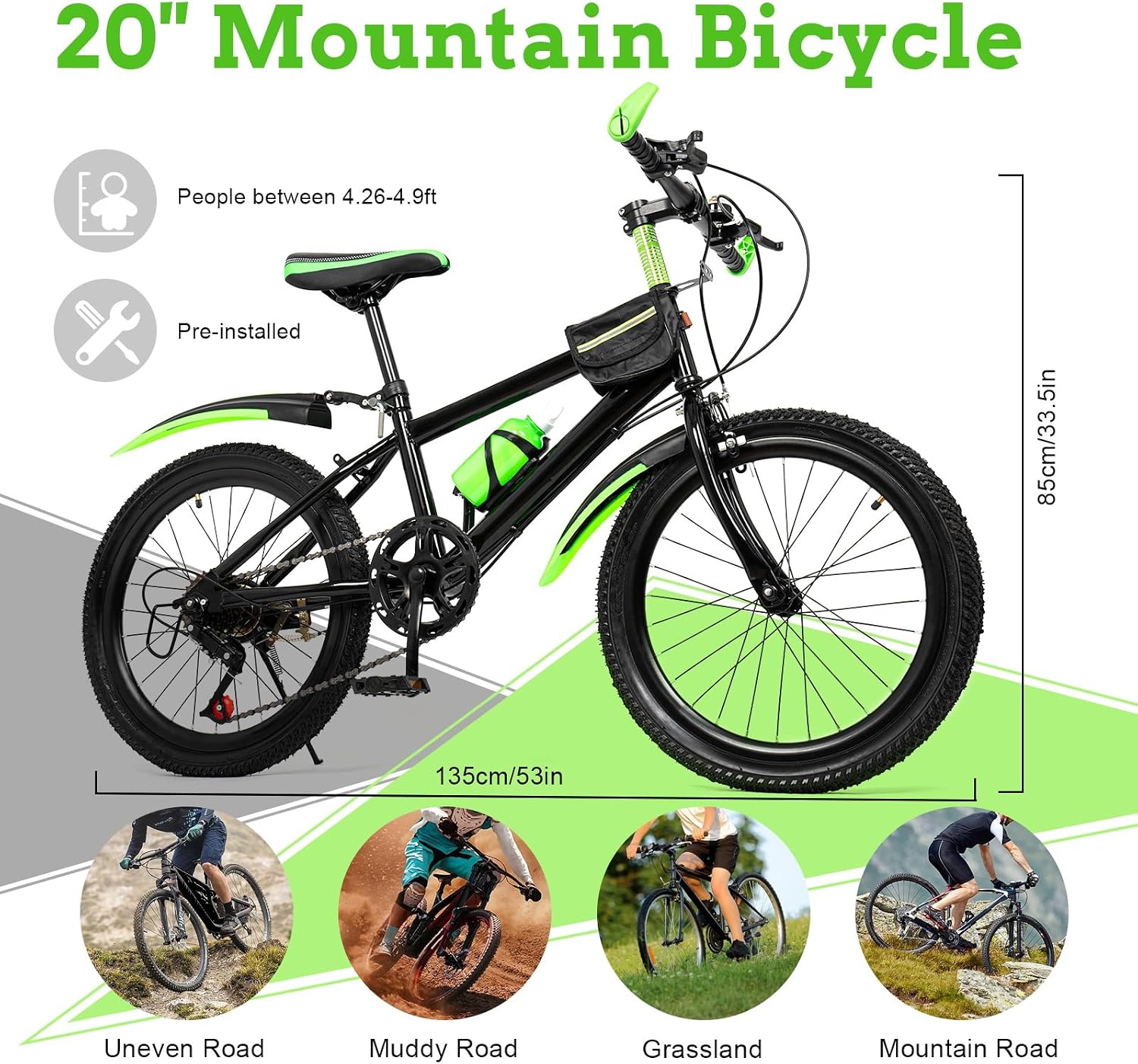 Children's Mountain Bike, 20 Inch Children's Bike, 7-Speed Children's Bicycle for Boys and Girls with Water Bottle, Compass Bell Bicycle for Children, Bicycle Children from 4 Years for Children – Bild 2
