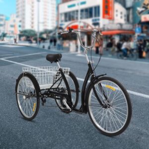 26 Inch Tricycle Classic Bicycle Adult Bicycle with 6 Speed Gear Disc Brake Adjustable Seat Large Basket 120 kg Load Capacity for Seniors Women Men Shopping Leisure 165-185 cm